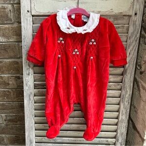 Vintage Friedknit Creations Girl's Red Holiday Smocked Romper 1 Piece Size 3M.